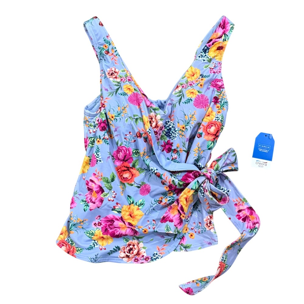 Lands End Floral Wrap Tankini Top Blue Pink Yellow Side Tie Size 4 NEW